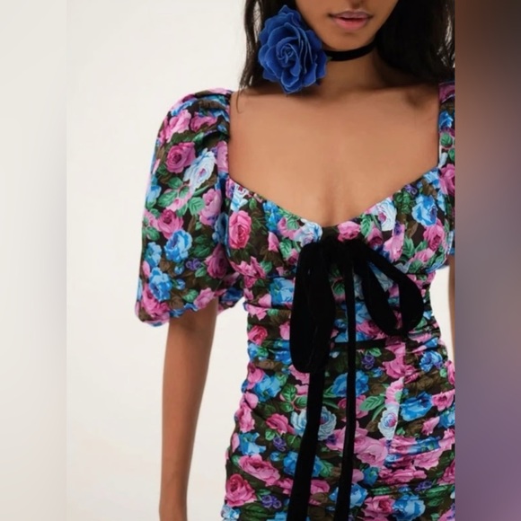 For Love & Lemons Marley Mini Dress in Blue Floral Velvet Bow Puff Sleeve Size L - Picture 9 of 9